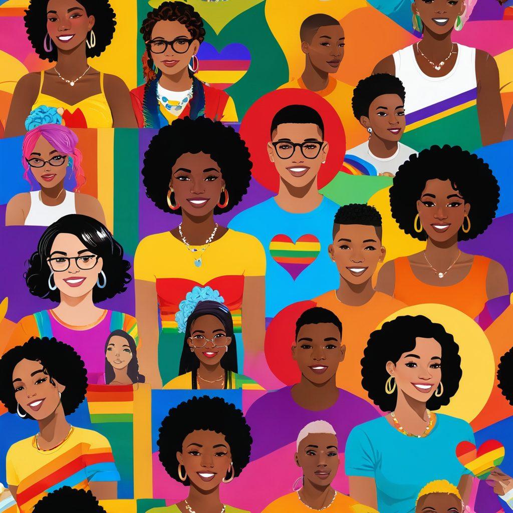 A vibrant and inclusive collage depicting diverse LGBTQ+ characters engaging with various forms of adult entertainment and media. Incorporate symbols of pride, such as rainbow flags and colorful hearts, interwoven with elements like film reels, music notes, and vinyl records. The background should evoke a sense of celebration and unity, highlighting the beauty of diversity and self-expression. Use bright colors and playful designs to capture the essence of joy and acceptance. super-realistic. vibrant colors. 3D.