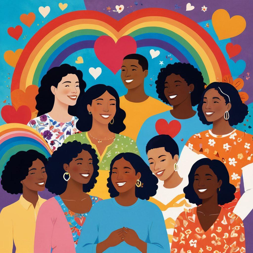 A colorful and vibrant collage depicting a diverse group of individuals engaged in various sexual expressions and intimate moments, surrounded by symbols of community and inclusivity like hearts and rainbows. Emphasize a sense of joy, freedom, and positivity, showcasing a supportive environment. The background should feature abstract shapes and floral patterns, symbolizing growth and acceptance. bright colors. modern illustration style.