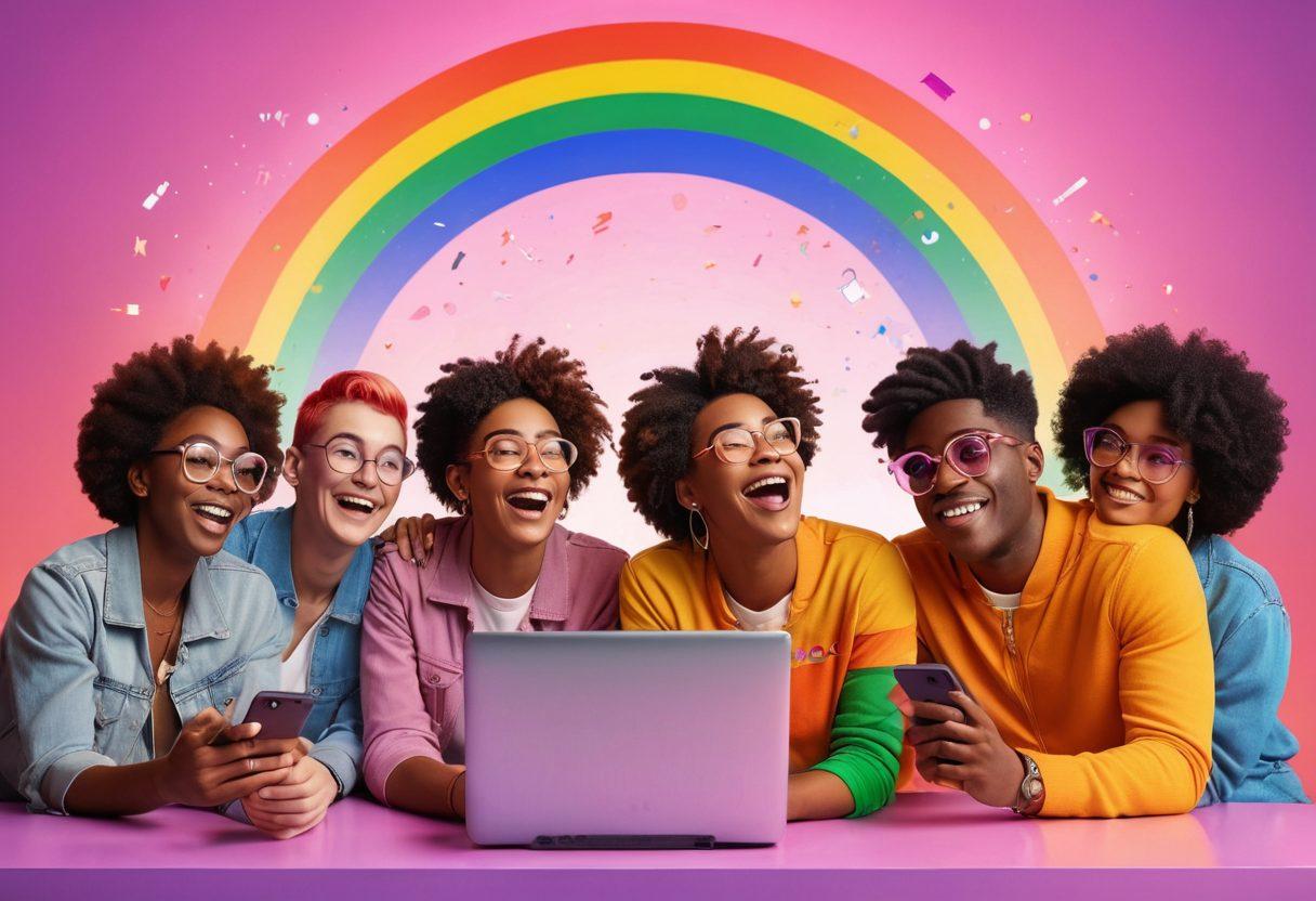 An amalgam of diverse LGBTQ+ characters watching videos on various digital devices, set against a vibrant backdrop of a rainbow spectrum. The scene captures their expressions of joy, reflection, and connection, illustrating the impact of queer content on modern media. Include elements like a projector displaying iconic LGBTQ+ symbols and phrases in the air. 3D. vibrant colors. soft-focus lighting.